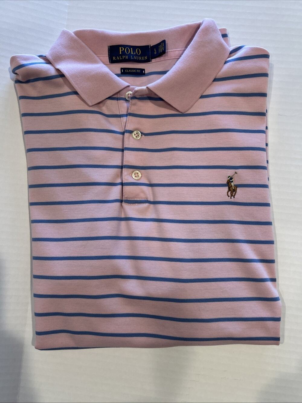 POLO Ralph Lauren Polo Shirt Size Large classic fit Pink blue Stripe color pony